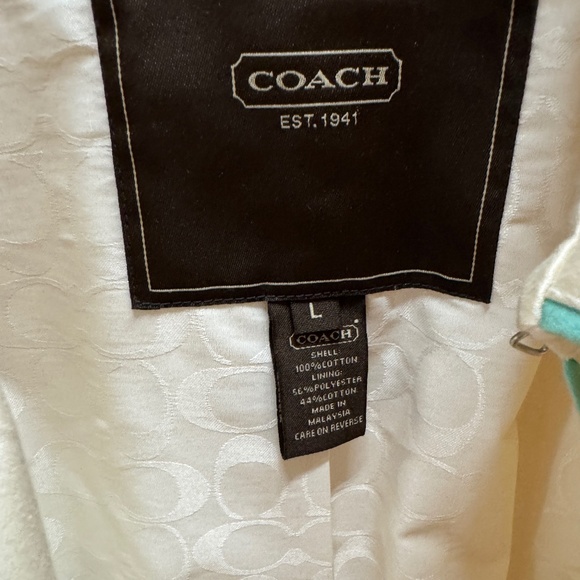Coach - Double-Breasted White Trench Coat with Turquoise Piping and Tie Belt - Picture 3 of 7